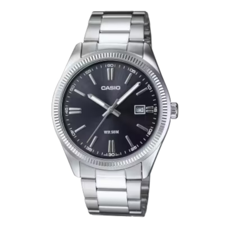 Casio MTP-1302PD-1A1VEF con esfera negra, bisel estriado y brazalete de acero inoxidable