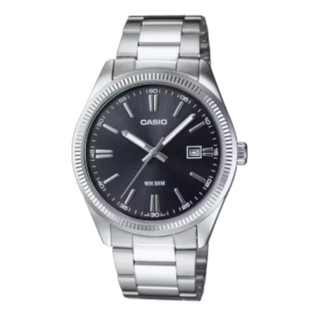 Casio MTP-1302PD-1A1VEF con esfera negra, bisel estriado y brazalete de acero inoxidable